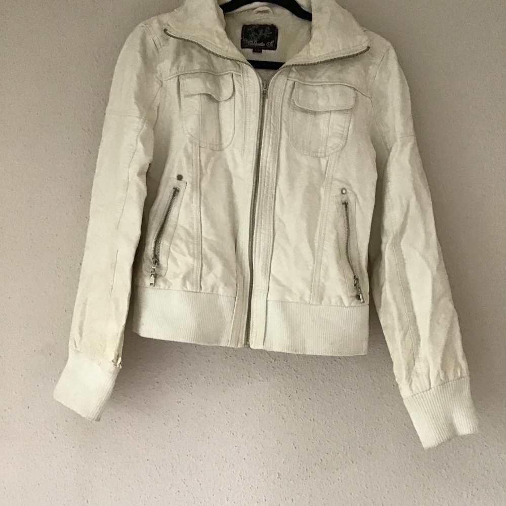 Off white leather jacket with front zip